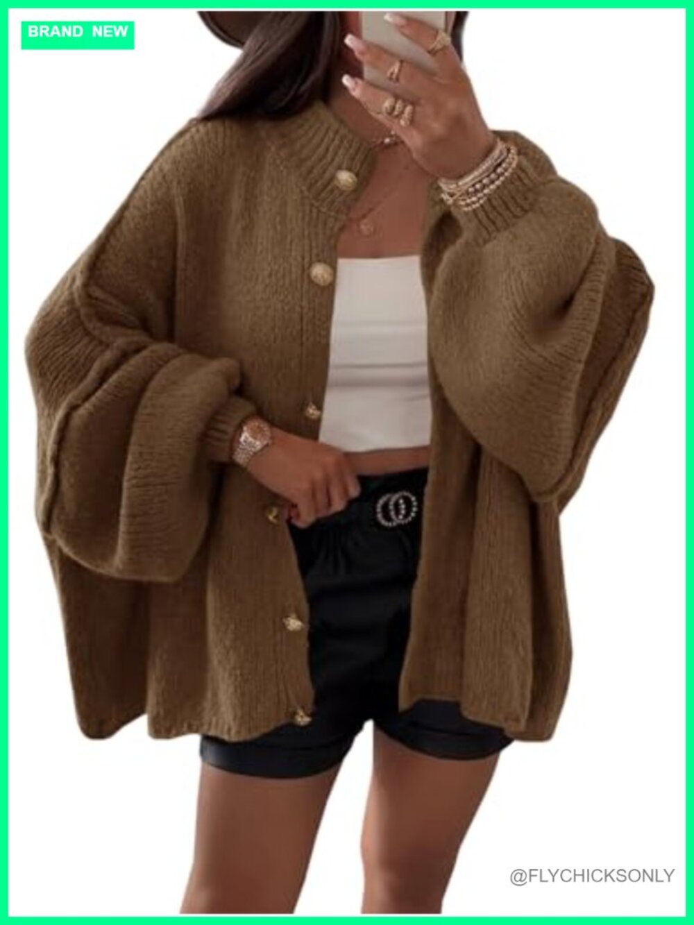 Oversized Lantern Sleeve Button Down Chunky Knit Cardigan Sweater Coat